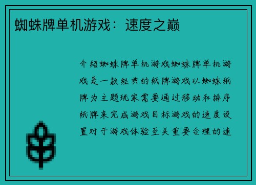 蜘蛛牌单机游戏：速度之巅