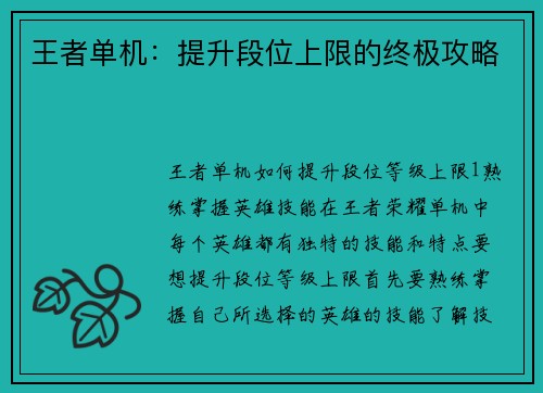 王者单机：提升段位上限的终极攻略