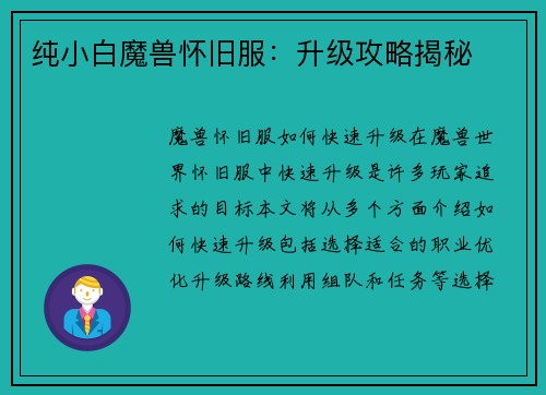 纯小白魔兽怀旧服：升级攻略揭秘